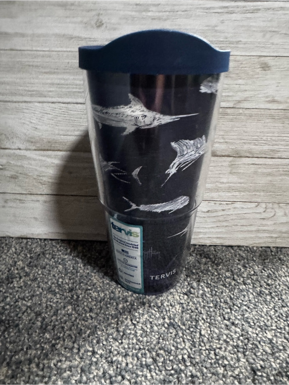 tervis navy and white nautical fish travel tumbler with navy lid